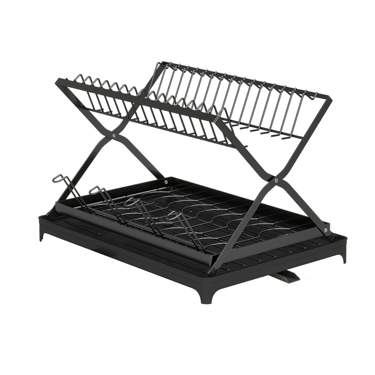 2 Tier Dish Drying Rack With Cup Holder Foldable Dish Drainer Shelf For Kitchen Countertop Rustproof Utensil Holder With